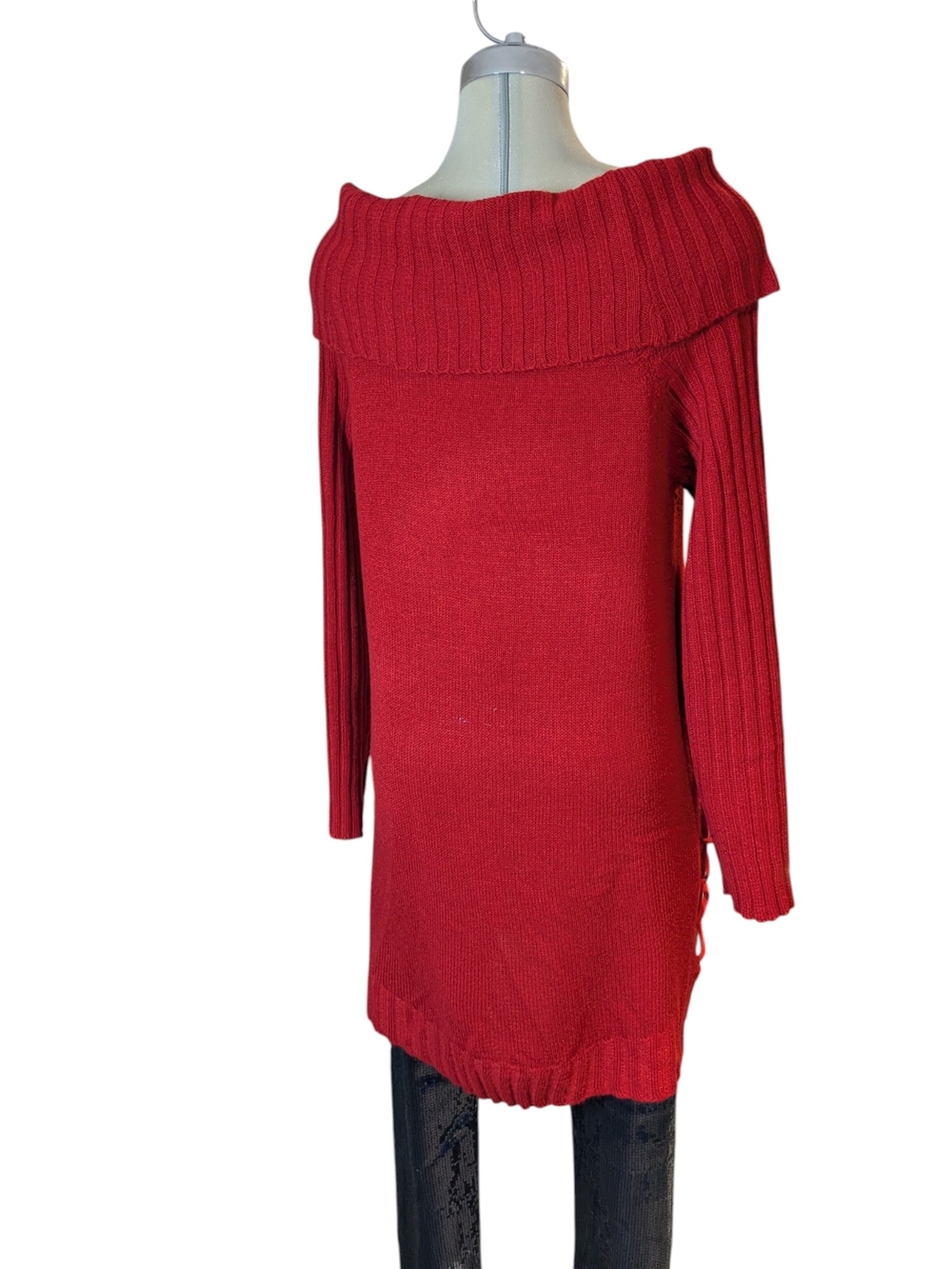 Off-Shoulder Lace-Up Knit Sweater in Red - Picture 9 of 15